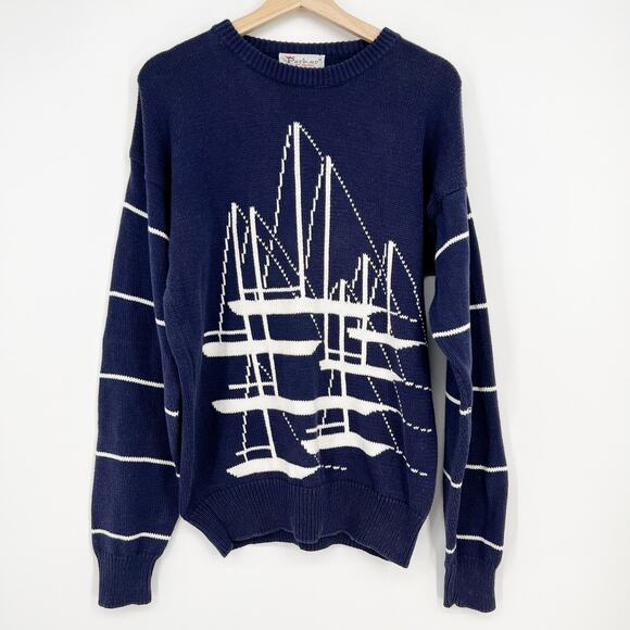 Vtg Parker of Vienna Sweater Crew Neck Cotton Mens L Navy Blue White Nautical - Picture 2 of 7